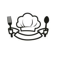chef hoed met keuken gebruiksvoorwerpen. chef hoed, lepel, vork. restaurant logo vector