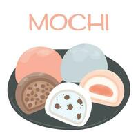 traditioneel Japans daifuku mochi nagerecht. rijst- fruit toetje Aan hout platen. Aziatisch zoet voedsel. hand- getrokken vlak vector illustratie. mochi Aan een houten bord, geïsoleerd Aan wit achtergrond.