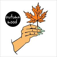 vrouw hand- houdt een herfst esdoorn- blad. herfst humeur. in zijn hand, een vergeeld herfst blad. vector