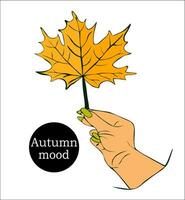 vrouw hand- Holding rood esdoorn- blad. herfst stemming, verandering van seizoenen. voor ansichtkaarten, advertenties, spandoeken. vector