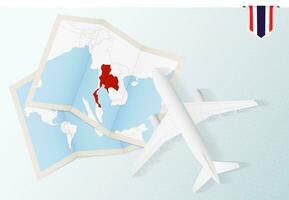 reizen naar Thailand, top visie vliegtuig met kaart en vlag van Thailand. vector