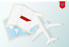 reizen naar Tennessee, top visie vliegtuig met kaart en vlag van Tennessee. vector