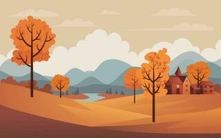 een betoverend herfst landschap, niet ai. rollend heuvels, levendig velden, en een charmant platteland dorp onder een helder lucht, perfect voor banners en posters vieren de oogst seizoen vector