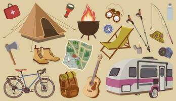 uitje apparatuur. zomer vakantie artikelen. toerisme concept. wandelen en camping verzameling vector