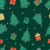 versierde kerstbomen en geschenken naadloos herhaal vectorpatroon vector