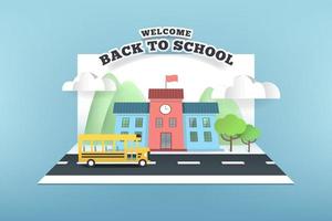 papieren kaart van school en bus die op de weg loopt, terug naar school. vector