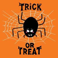 schattige zwarte spin met schuldige blik, wit spinnenweb en trick or treat vector