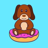 schattige hond zit op donuts. vector