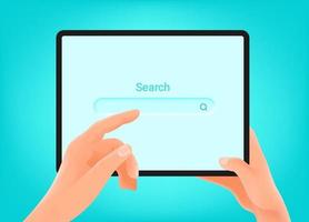 man die tabletcomputer vasthoudt en zoeken in browservenster gebruikt vector