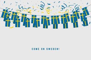 Zweden garland vlag met confetti op grijze achtergrond. vector