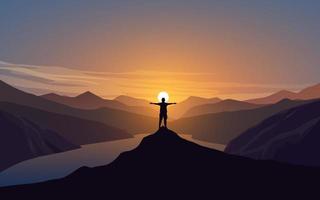 man silhouet staande op de top van de heuvel bij zonsondergang vector