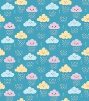 schattig kinderachtig naadloos patroon met kawaiiwolken, regendruppels op blauw vector