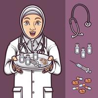 hijab vrouwelijke arts toont geneeskunde en vaccin covid19 illustratie vector