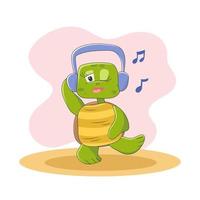 schattig schildpadkarakter in cartoonstijl die naar muziek luistert vector