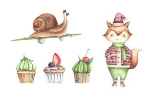 schattige vos met cupcakes en slak. aquarel illustratie. vector