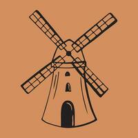 molen hand- getrokken wijnoogst windmolen met gravure vector illustratie Aan geïsoleerd achtergrond. landbouw, oogsten, boerderij meel en brood.molen schetsen voor embleem, logo, ontwerp, afdrukken, kaart, icoon