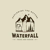 waterval logo vector wijnoogst illustratie sjabloon icoon grafisch ontwerp. onderzoeken de natuur teken of symbool voor reizen of ontwerp afdrukken voor overhemd met retro typografie stijl concept