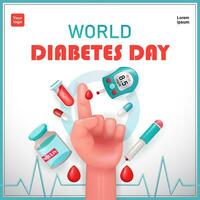 diabetes dag. bloed glucose meter, insuline, injectiespuit en geneesmiddel. 3d vector, geschikt voor Gezondheid en onderwijs vector