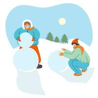 winter buitenshuis activiteiten met kinderen. kinderen maken een sneeuwman. wintertijd plezier. vlak tekenfilm vector illustratie. schattig tekens