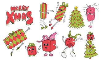 90s stijl vrolijk Kerstmis reeks met verschillend tekenfilm geschenk dozen karakters. grappig Kerstmis presenteert. dansen en jumping Kerstmis dozen met gezichten, armen en poten. tekenfilm vlak ontwerp vector