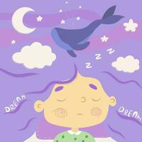 een slapen meisje met ontwikkelen haar- dromen fantasie dromen. droom over zwemmen walvissen. vector illustratie