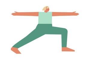 vector geïsoleerd illustratie met vlak vrouw karakter. sportief vrouw leert staand houding virabhadrasana ii Bij yoga klas. geschiktheid oefening - krijger ii