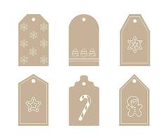 vector geïsoleerd reeks van Kerstmis geschenk tags met divers vormen. sjabloon voor decoratie met wit lijn kunsten van peperkoek koekjes en Mens, Kerstmis bomen. gemaakt in ambacht stijl van papier of karton