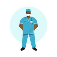 vector vlak concept. tekenfilm Afrikaanse Amerikaans verpleegster is blijven hoog met stethoscoop. gelukkig dokter Mens is gekleed in blauw medisch uniform, gezicht masker. medisch is van noodgeval of in werking kamer