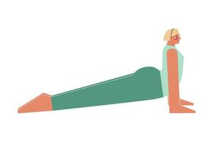 vector concept met vlak vrouw sportief karakter. sterk blond vrouw leert houding met achteroverbuigen en doet naar boven geconfronteerd hond Bij yoga klas. geschiktheid oefening voor beginners - urdhva mukha svanasana