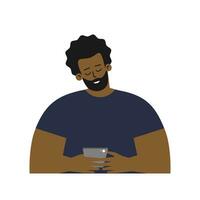 vector geïsoleerd vlak concept. tekenfilm Afrikaanse Amerikaans Mens schrijft sms Aan telefoon gebruik makend van boodschapper. jong volwassen vent is zoeken partner door app voor online daten. begin van romantisch verhouding