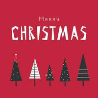 vector illustratie met vlak Woud. vijf driehoekig zwart en wit bomen zijn versierd door de kerstman hoed, strepen, stippen. plein banier met hand getekend tekst vrolijk Kerstmis Aan rood achtergrond