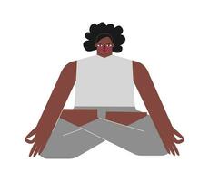 vector geïsoleerd concept met vlak vrouw karakter. sterk Afrikaanse Amerikaans vrouw leert uitrekken houding en doet lotus houding Bij yoga klas. eenvoudig gezeten oefening voor meditatie - padmasana