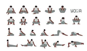 vector vlak geïsoleerd illustratie verzameling met vrouw karakter aan het doen yoga. Afrikaanse Amerikaans vrouw leert ontspannende zittend houdingen voor meditatie. reeks van eenvoudig sport- oefening voor beginners