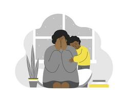 vector illustratie met moe huilen vrouw. Afrikaanse Amerikaans meisje knuffels mama. postpartum depressie, emotioneel burn-out, spanning. dochter voelt voor moeder. probleem van moederschap naar opslaan mentaal Gezondheid.