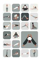 vector illustratie reeks voor sticker pak met yoga poseert. vlak monochroom verzameling Aan verticaal a4 poster met aziatisch, Afrikaanse en Kaukasisch Dames maken sport opdrachten Leuk vinden asana's, strekken