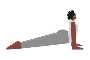 vector concept met vlak vrouw sportief karakter. sterk Afrikaanse Amerikaans vrouw leert houding met achteroverbuigen en doet naar boven geconfronteerd hond Bij yoga klas. geschiktheid oefening - urdhva mukha svanasana