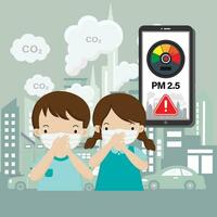 kinderen vervelend gezicht masker tegen smog, stof, pm2.5 lucht verontreiniging in de stad tekenfilm illustratie. vector