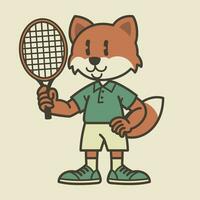 gelukkig tennis vos speler tekenfilm wijnoogst vector