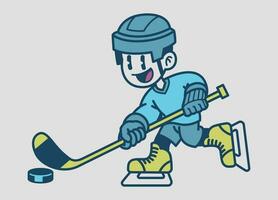 gelukkig kind spelen hockey tekenfilm in wijnoogst stijl vector