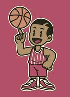 schattig jongen spelen basketbal tekenfilm in wijnoogst stijl vector