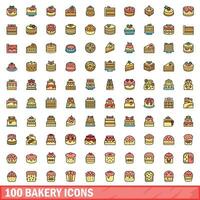 100 bakkerij pictogrammen set, kleur lijn stijl vector