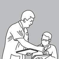 mannelijke arts die de patiënt vraagt om handtekening te zetten vector