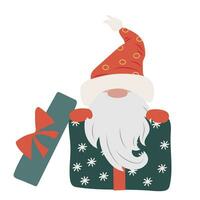 schattig gnoom met lang baard en rood hoed geïsoleerd Aan wit. Scandinavisch tekenfilm karakter in geschenk doos voor Kerstmis decoratie. fee verhaal dwerg vector