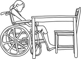 vrouw in rolstoel voor lege tafel vector