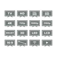 TV set, scherm resoluties en slim televisie pictogrammen. vol hd, LED Scherm, verhouding en video vector icoon set.