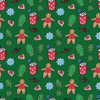 naadloos patroon van Kerstmis snoepgoed Aan een donker groen achtergrond - ontbijtkoek, koekjes, heet chocola, kaneel. vector tekening illustratie voor verpakking, web ontwerp
