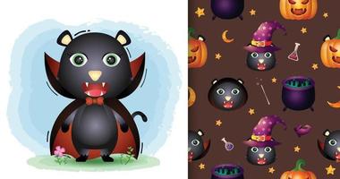 een schattige zwarte kat met dracula kostuum halloween naadloos patroon vector