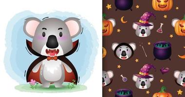 een schattige koala met dracula kostuum halloween naadloos patroon vector