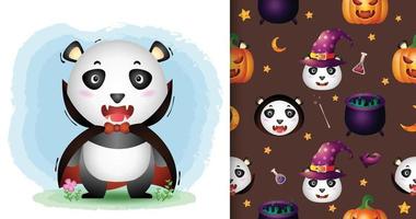 een schattige panda met dracula kostuum halloween naadloos patroon vector