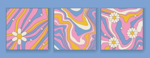 Jaren 60 madeliefje bloemen, trippy rooster, golvend kolken achtergronden reeks in pastel roze en blauw kleuren. wijnoogst vloeistof vector illustratie. jaren 70 groovy achtergrond. vlak contour ontwerp in trippy hippie stijlvol.